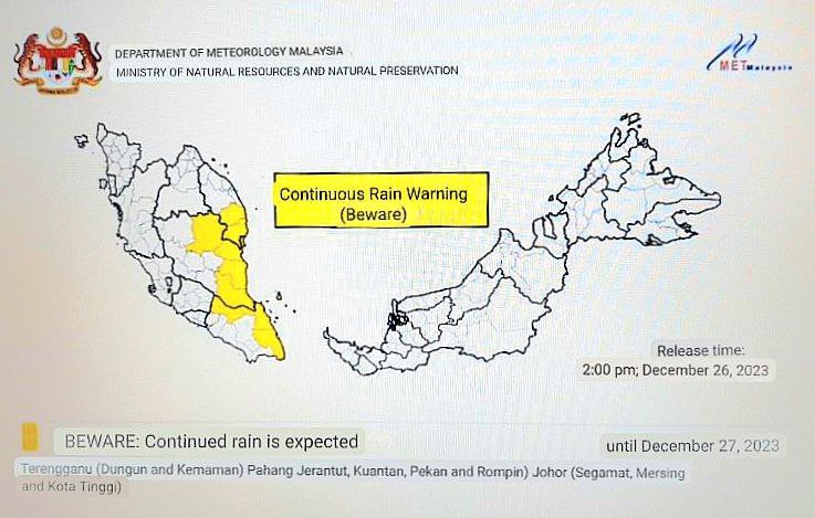 Continuous rain warning issued by MetMalaysia for Terengganu, Pahang, and Johor