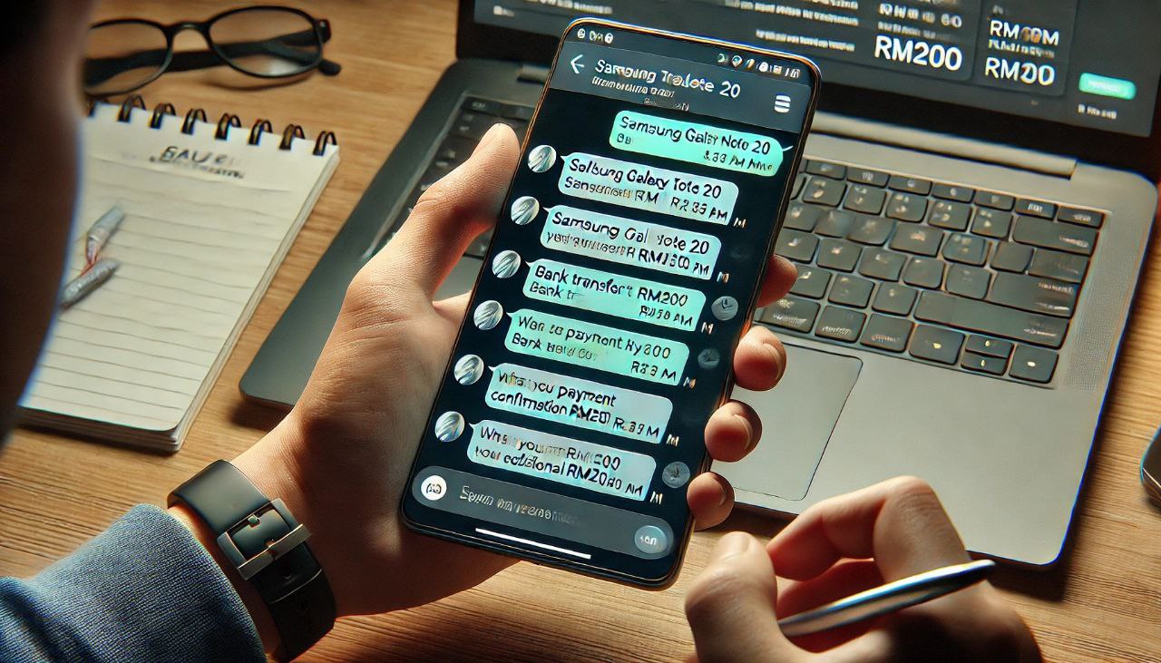 A concerned seller holding a smartphone with a suspicious chat conversation displayed, indicating an online scam attempt.